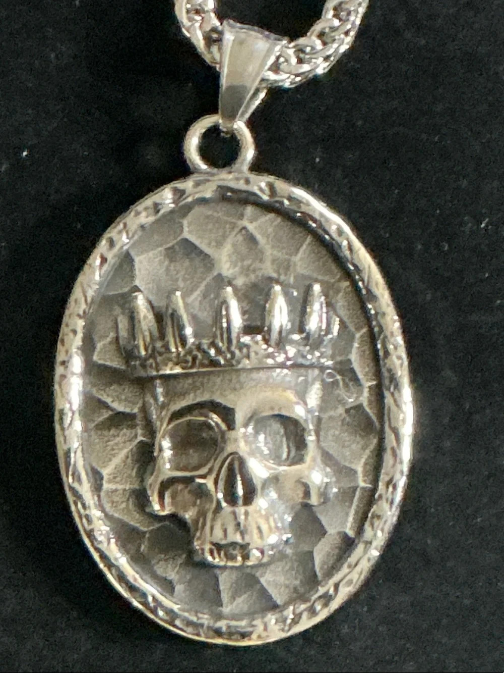 24” Stainless Steel  Crowned Skull Pendant with Franco Chain